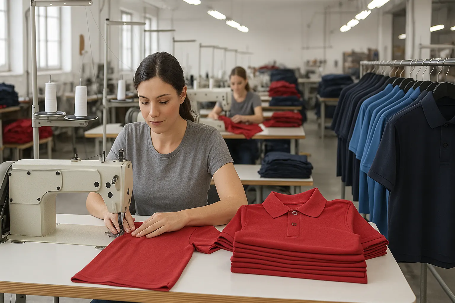 Ilustración de confección de playeras polo en máquinas de costura.