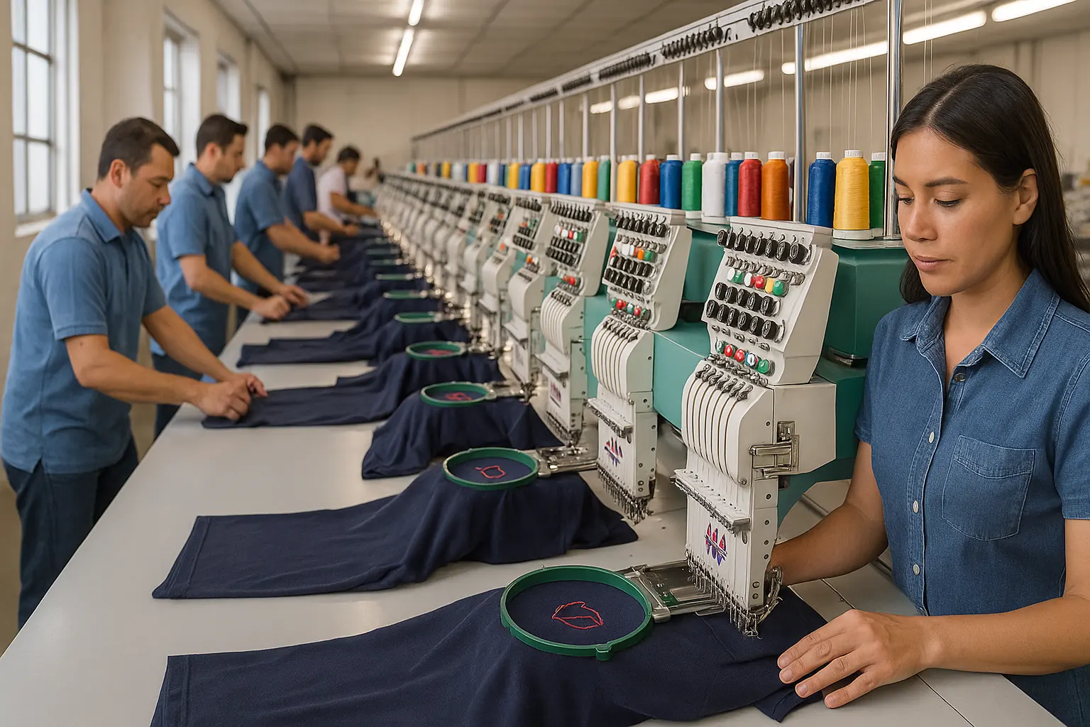 Ilustración de bordado industrial aplicado a prendas textiles.